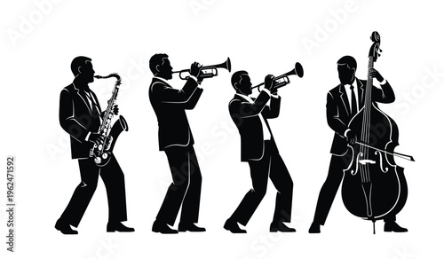 Jazz band silhouette of four musicians playing saxophone trumpets and double bass