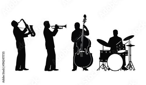 Silhouette of a jazz band performing with saxophone trumpet double bass and drums