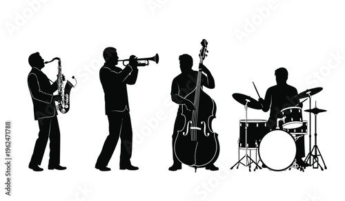 Silhouette of a jazz band performing with saxophone trumpet double bass and drums