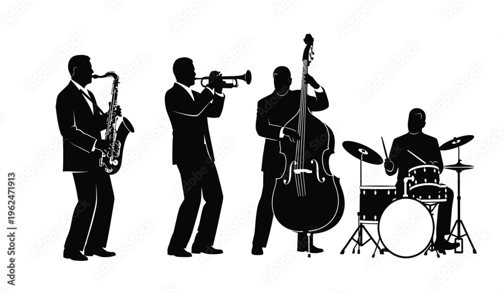 Fototapeta premium Jazz band silhouette of four musicians playing saxophone trumpet double bass and drums