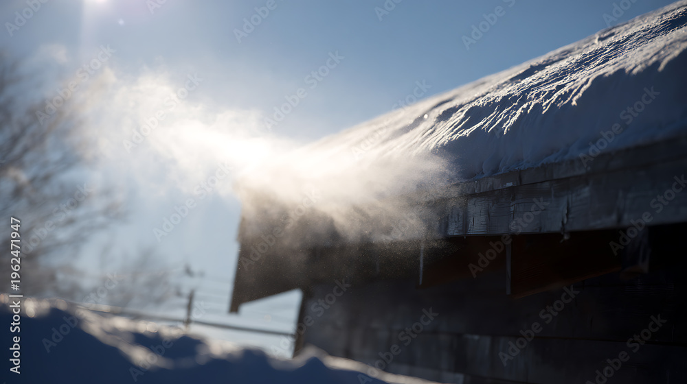 Fototapeta premium Winter morning sun illuminate cold snow blown from roof edge, creating beautiful mist-like effect against blue sky in clear weather day