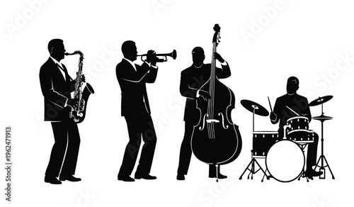 Jazz band silhouette of four musicians playing saxophone trumpet double bass and drums