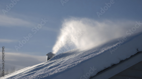 Winter weather view on a snowy rooftop with fine powder snow blowing off by wind, creating a crisp, cold, and dynamic seasonal scene
