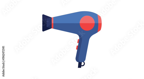 Blue hair dryer with red accents in flat design for beauty and haircare