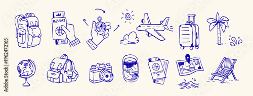 Travel essentials doodle set with passport, tickets, luggage, backpack and navigation elements. Perfect for tourism design, travel planning, journey concepts and vacation graphics.