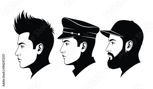 Silhouette illustration of three men with distinctive hairstyles and headwear