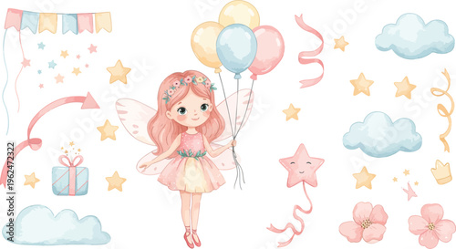A whimsical illustration of a girl surrounded by colorful balloons stars and clouds in pastel hues for kids or birthday themes