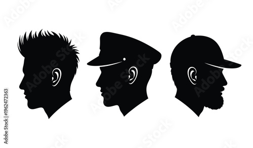 Silhouette of three men's head in profile showcasing different hairstyles and hats