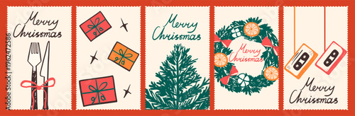 Collection of hand drawn merry christmas postage stamp templates with tree, wreath, gifts and cassette tapes. Greeting festive set.