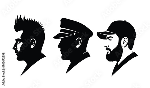 Silhouette of three men's heads in profile showcasing different hairstyles and hats silhouette