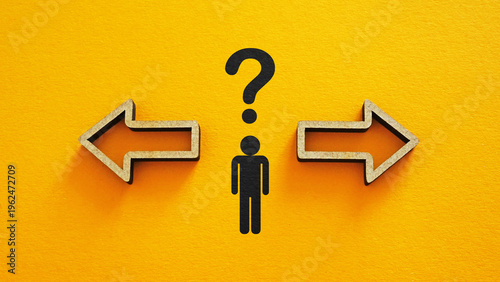 Decision making stress with overwhelmed person choosing between options, business dilemma, anxiety and mental pressure, difficult choice, problem solving, uncertainty and emotional tension at work