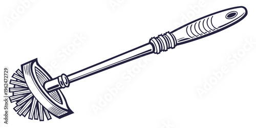 A detailed illustration of a toilet bowl brush with a long handle and bristles