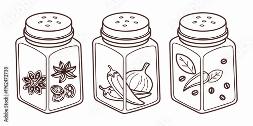 Three jars filled with different types of dried herbs and spices.