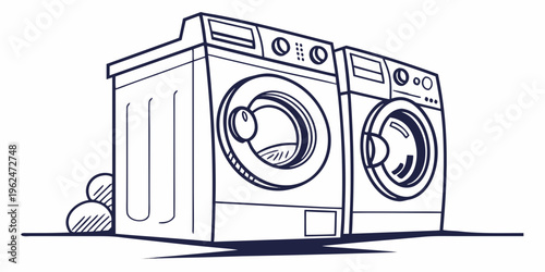 Two washing machines and a dryer standing next to each other with socks on the floor.