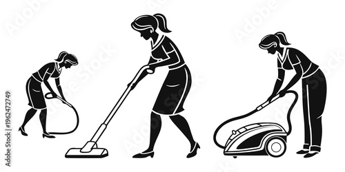 Three women performing various cleaning tasks with different vacuum cleaners