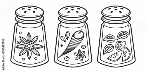 Three beautifully illustrated spice jars with unique contents and designs.