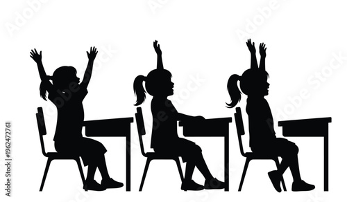 Three schoolgirls in silhouette sitting at desks with hands raised in a classroom setting