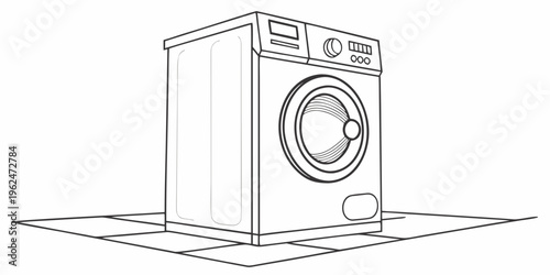 A detailed line drawing of a front-loading washing machine with a transparent door