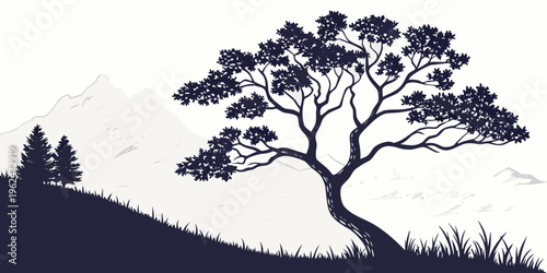 Silhouette of a tree on a hill under a starry night sky