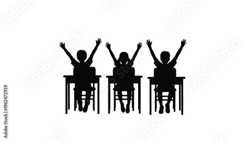 Three students in classroom silhouette celebrating with raised hands