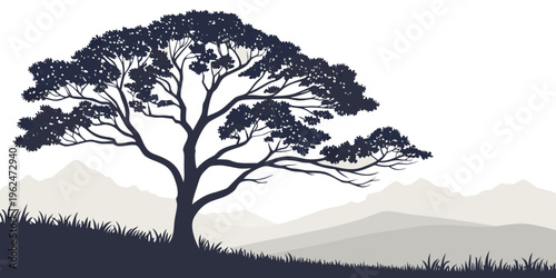 A majestic tree stands tall against a serene, sunrise-lit sky on a distant horizon