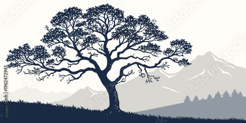 A majestic tree stands tall against a backdrop of distant mountains and rolling hills