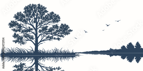 Serene landscape with a solitary tree and a flock of birds in flight
