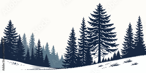 A serene winter landscape with tall pine trees covered in snow.