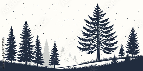 A serene winter landscape with snow-covered pine trees and a calm horizon