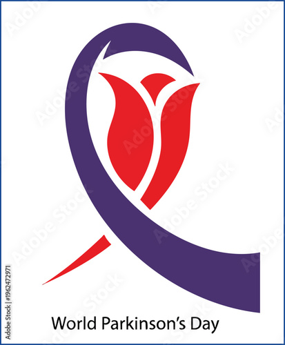 World parkinsons day symbol with a red tulip flower and a blue ribbon