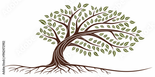 A majestic tree with sprawling branches and intricate roots stands tall and proud