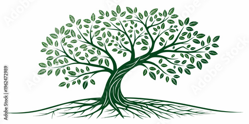 A majestic tree with a thick trunk and sprawling branches standing on a grassy hill