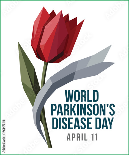 World parkinsons disease day, april 11, with a stylized geometric red tulip flower and a blue ribbon, symbol of parkinsons awareness