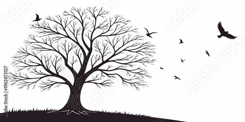 A solitary tree stands tall with birds flying in the sky above it.