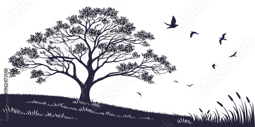 A serene landscape with a solitary tree and flying birds under a clear sky