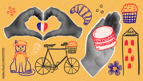 Set of retro collage elements with heart, flag, macaron and croissant, cat in beret and bicycle. Travel french culture elements. Halftone hands in vintage style.