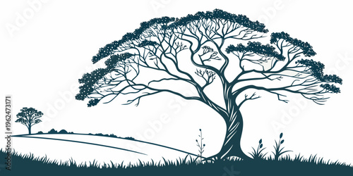 A majestic tree standing tall in a serene landscape with rolling hills