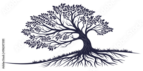 A detailed black and white illustration of a tree with intricate roots and branches