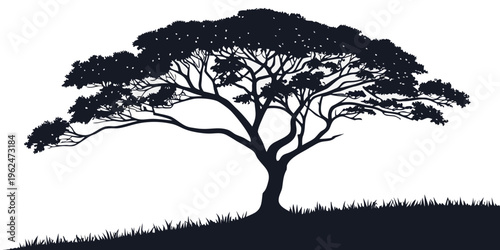 A majestic tree stands tall against a clear sky in a serene landscape.