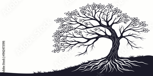 A majestic tree standing tall on a hill with a clear sky in the background