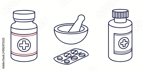 Assorted medical items including pills, a mortar and pestle, and bottles
