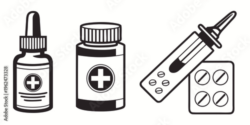 Medical illustration showcasing various types of medication and a syringe