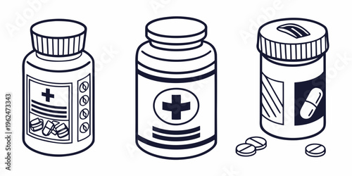 Three different types of medication bottles with pills scattered around