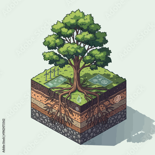 Isometric Cross-Section of Earth with Tree and Underground Ecosystem.