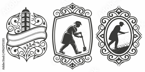 Three distinct vintage badges featuring a ribbon, a skier, and a silhouette.