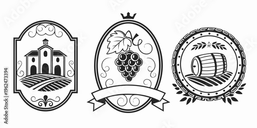 Three vintage logos of agricultural and winemaking establishments