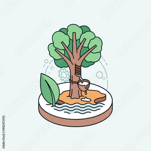 Rubber tree with sap flowing into a bucket, representing natural rubber production.