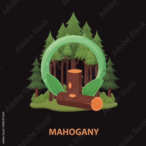 Mahogany Wood Logs in Forest with Green Leaf Circle.