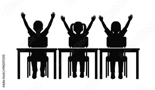 Three students in silhouette raising hands in classroom setting