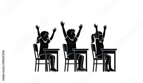 Three students in silhouette raising hands in a classroom setting enthusiastically